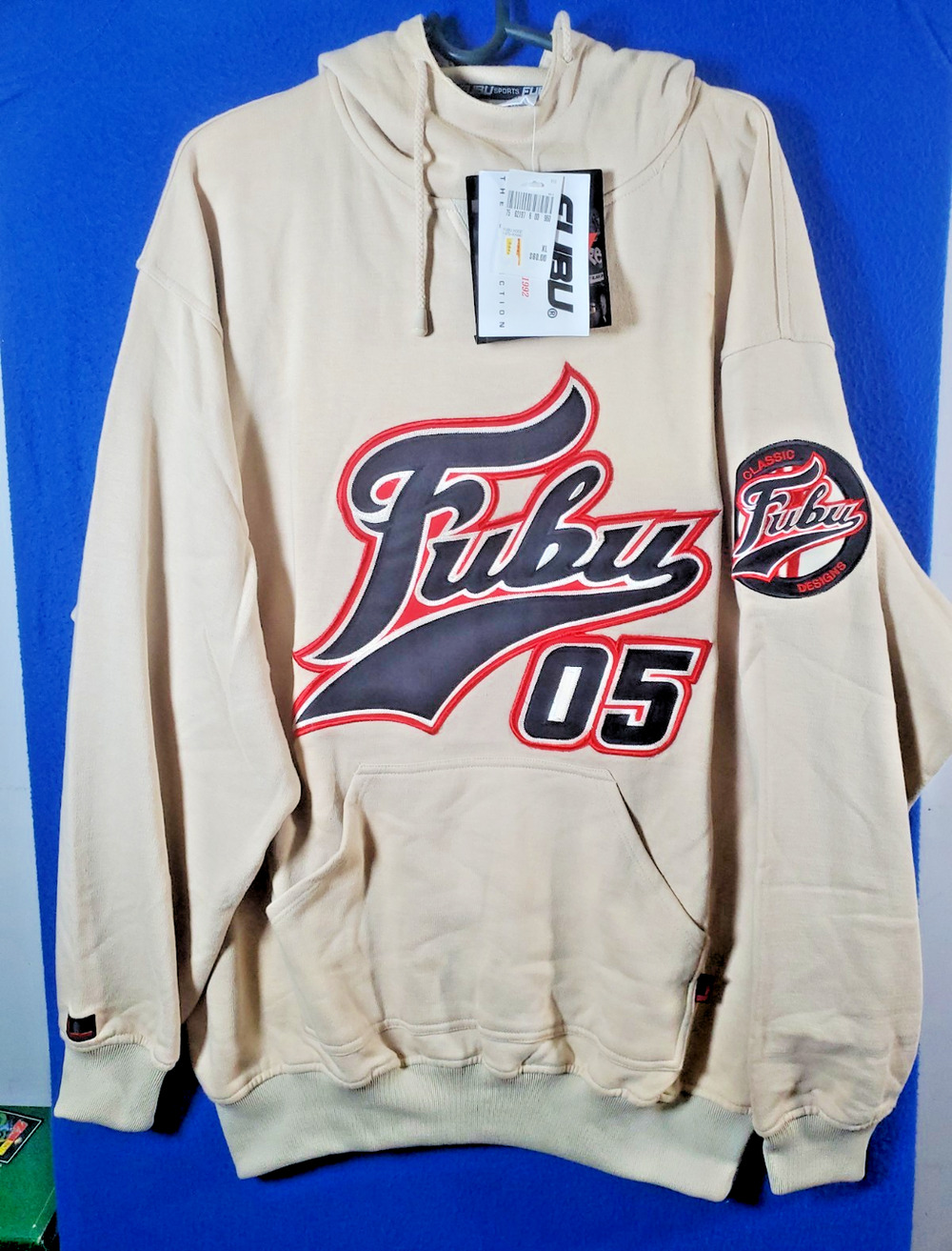 Vintage FUBU 05 Hoodie Sweatshirt NWT Beige Tan Big Logo Hip Hop Y2K Men's XL